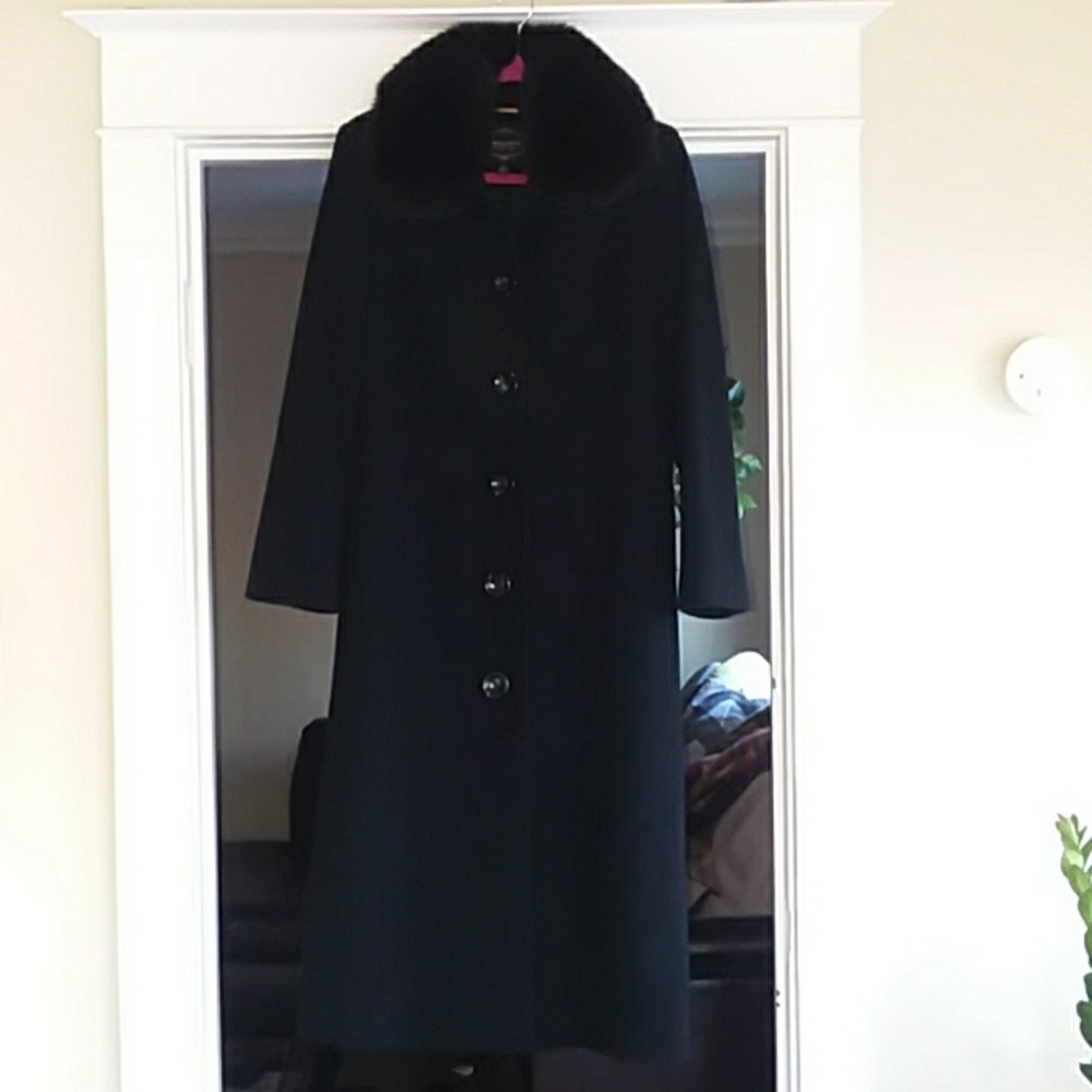 1 madison,Black long dress coat with fox fur trim